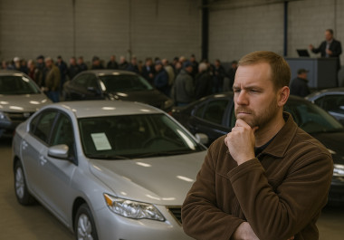 Man looking thoughtful while standing near cars at an indoor vehicle auction with a crowd in the background.