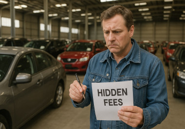 Shocked man reviewing a long list of unexpected buyer fees at a car auction office.