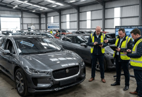 Buyer inspecting electric vehicles at a salvage auction.