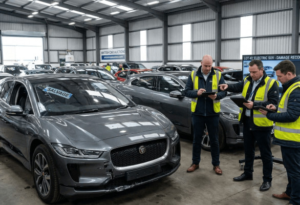 Buyer inspecting electric vehicles at a salvage auction.