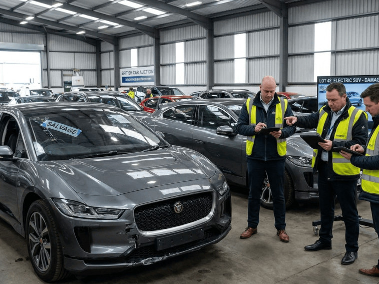 Buyer inspecting electric vehicles at a salvage auction.