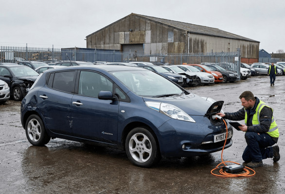 Nissan Leaf being inspected at a salvage vehicle auction.