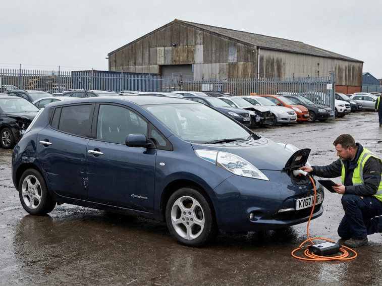 Nissan Leaf being inspected at a salvage vehicle auction.