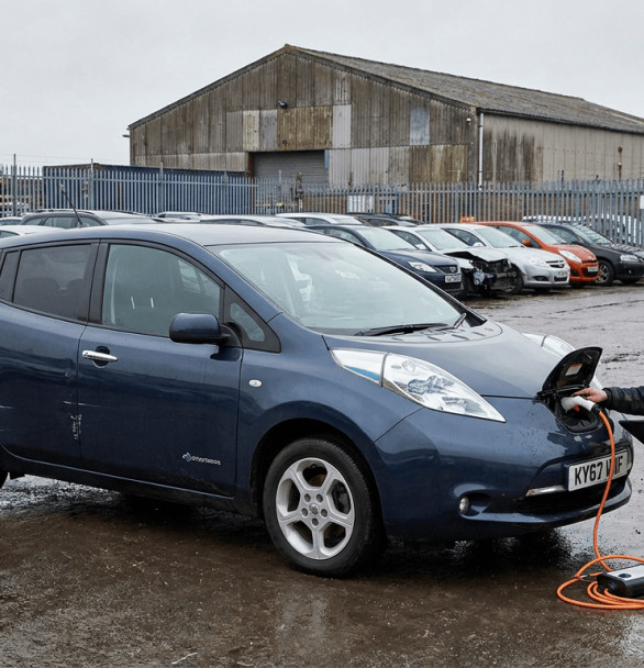 Nissan Leaf being inspected at a salvage vehicle auction.