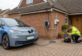 Home EV charger installed beside a repaired electric vehicle.