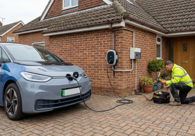 Home EV charger installed beside a repaired electric vehicle.