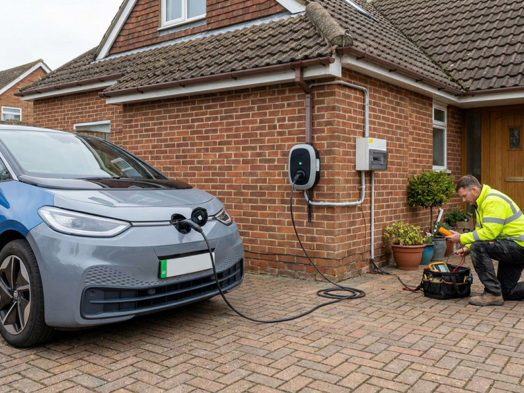 Home EV charger installed beside a repaired electric vehicle.