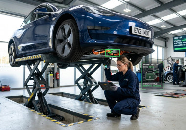Technician inspecting an electric vehicle during an MOT test.