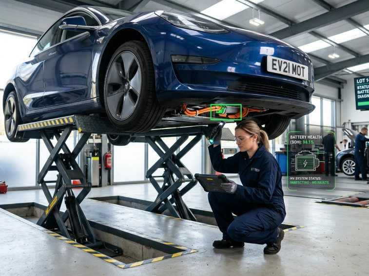 Technician inspecting an electric vehicle during an MOT test.