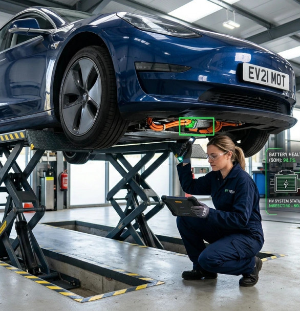 Technician inspecting an electric vehicle during an MOT test.