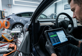 Technician using a diagnostic tablet to inspect software and battery systems on an electric vehicle.