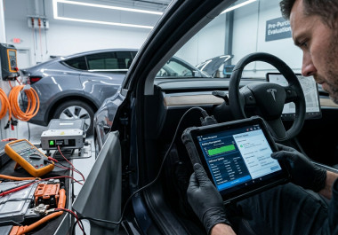 Technician using a diagnostic tablet to inspect software and battery systems on an electric vehicle.