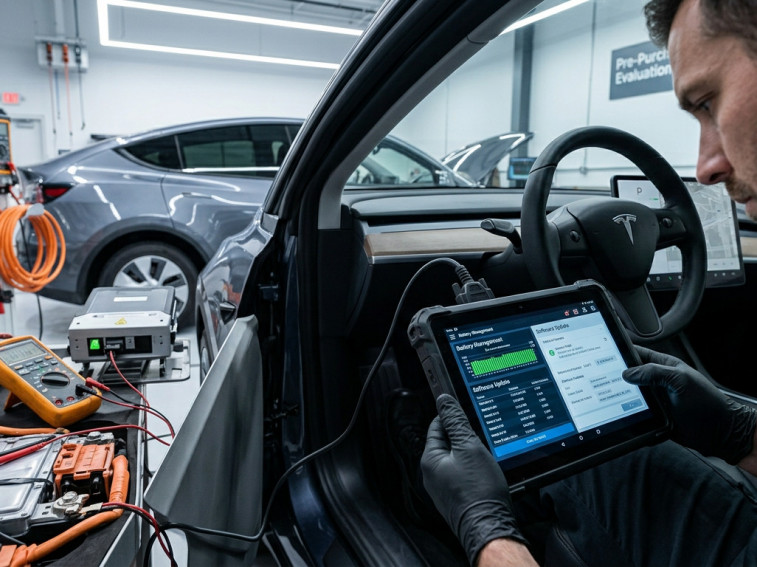 Technician using a diagnostic tablet to inspect software and battery systems on an electric vehicle.