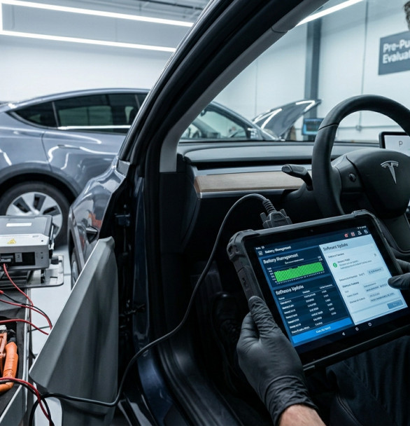 Technician using a diagnostic tablet to inspect software and battery systems on an electric vehicle.