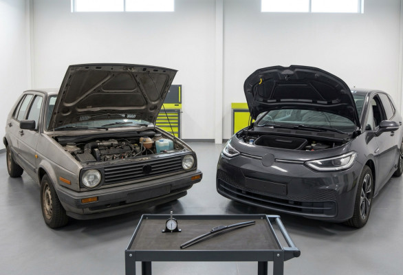 Petrol and electric hatchbacks with raised bonnets beside a tyre gauge and replacement wiper blade in an inspection bay.