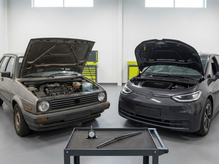 Petrol and electric hatchbacks with raised bonnets beside a tyre gauge and replacement wiper blade in an inspection bay.