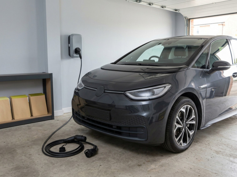 Grey electric hatchback with a dented front wing in a segregated specialist workshop assessment bay, beside closed equipment and green-accented cabinets.