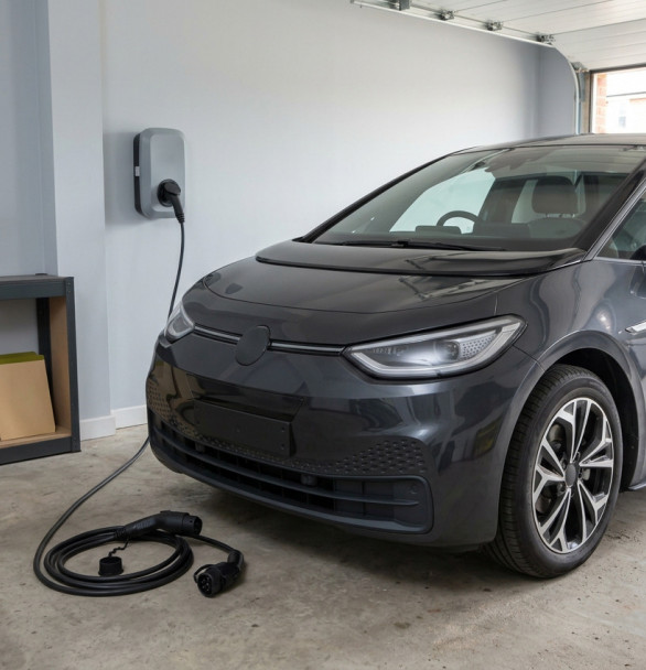 Grey electric hatchback with a dented front wing in a segregated specialist workshop assessment bay, beside closed equipment and green-accented cabinets.